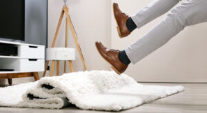 Man slipping on area rug in TV room