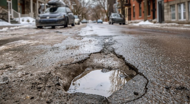 Close-up of pothole damage on the surface of a road